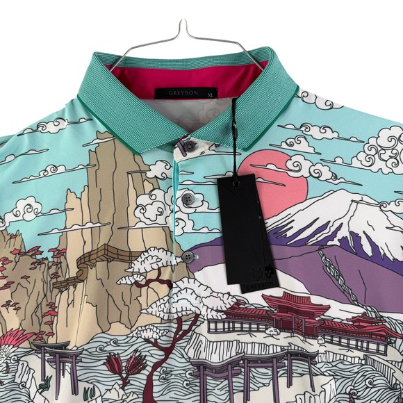 GREYSON Forbidden City Polo Shirt XL Multi Color Japanese Art Print Short Sleeve